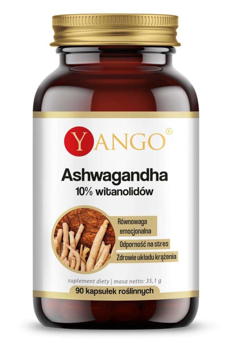 Yango Ashwagandha supplement bottle with 10% withanolides, 90 vegetarian capsules.