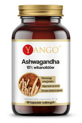 Yango Ashwagandha supplement bottle with 10% withanolides, 90 vegetarian capsules.
