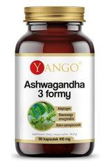 Yango Ashwagandha capsules in a bottle, supports stress management and enhances energy levels, 90 capsules per container.