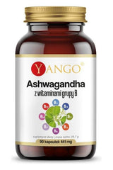 Yango Ashwagandha supplement with B vitamins in a 90-capsule bottle for relaxation and well-being.