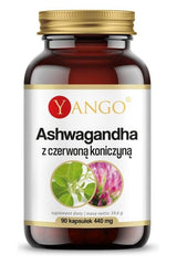 Yango Ashwagandha with Red Clover dietary supplement, 90 capsules for stress relief and menopausal support.