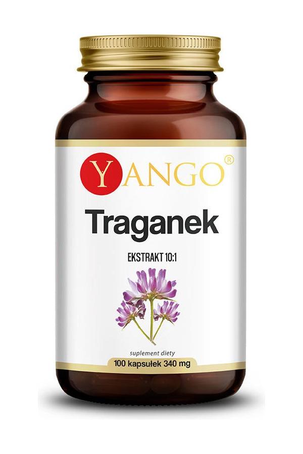 Yango Astragalus supplement bottle with 100 capsules, containing 340 mg plant extract for immune support.