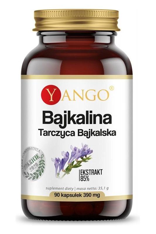 Yango Bajkalina dietary supplement bottle with 90 capsules, containing 85% baicalin extract.