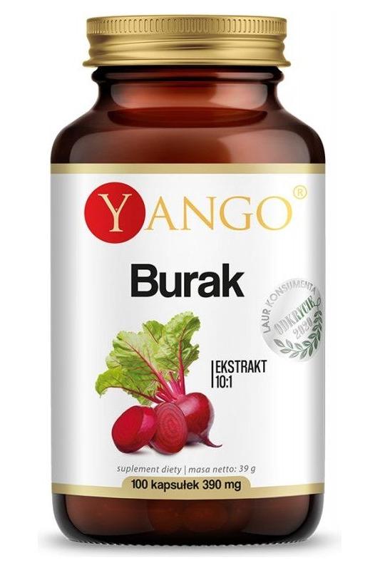 Yango Beetroot supplement bottle containing 100 capsules, featuring 10:1 extract for health benefits.