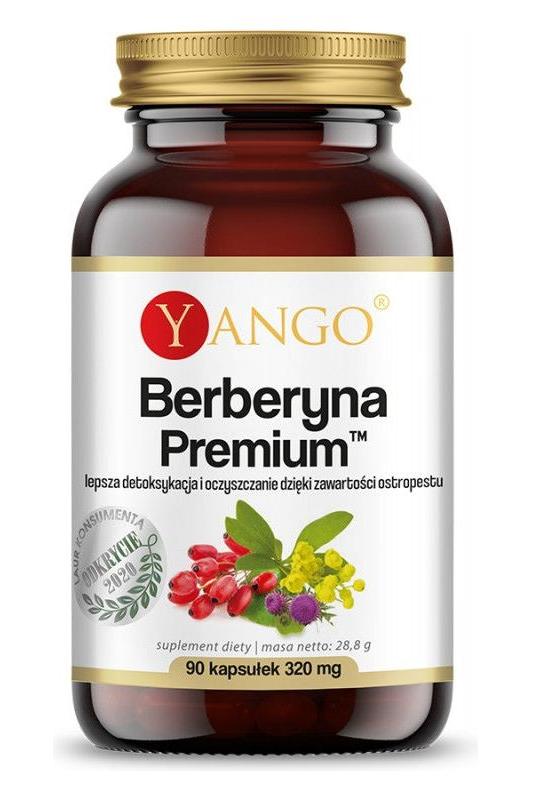 Yango Berberine Premium supplement bottle with 90 vegetarian capsules for detox and liver health.