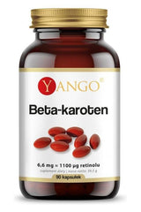 Yango Beta-Carotene supplement bottle with red capsules, supports immune health and skin wellness.
