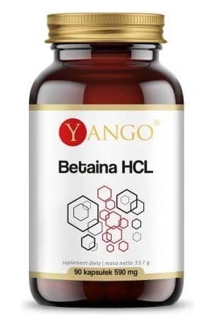 Yango Betaine HCL supplement bottle with 90 capsules for improved digestion and nutrient absorption.