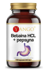 Yango Betaina HCL + Pepsin dietary supplement bottle, 90 vegetarian capsules for digestion support.