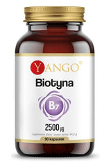 Yango Biotin supplement bottle, 2500 Mcg, 90 capsules for hair, skin, and nail support.