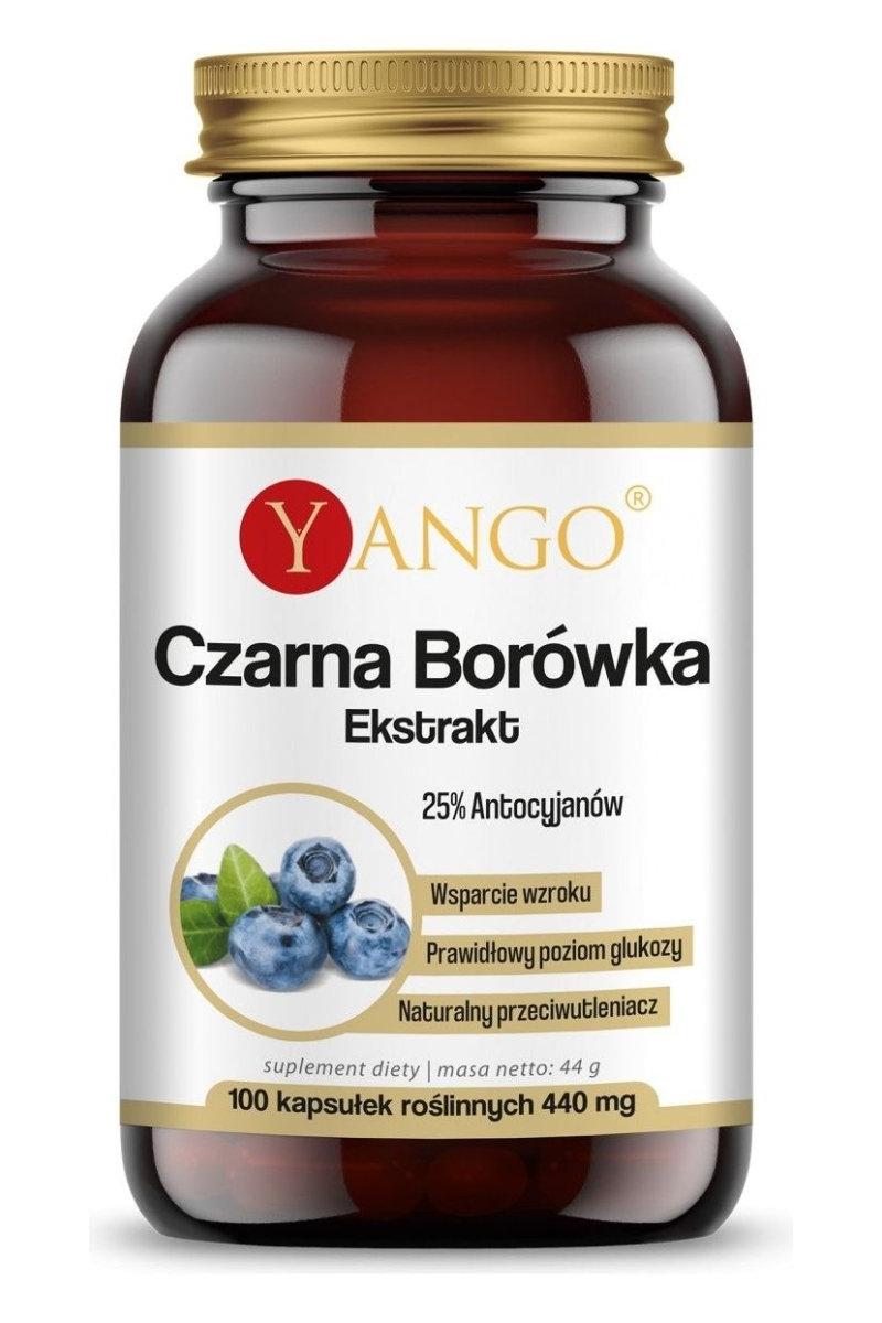 Yango Black Blueberry extract bottle with 100 capsules, standardized to 25% anthocyanins for eye and heart health.