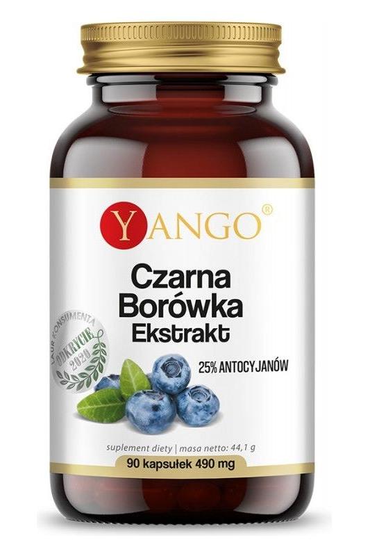 Yango Black Blueberry extract supplement bottle, 90 capsules with 25% anthocyanins for antioxidant support.