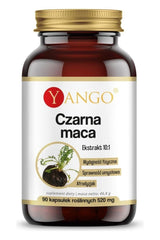 Yango Black Maca 90 capsules bottle promoting energy, hormone balance, and mental clarity.
