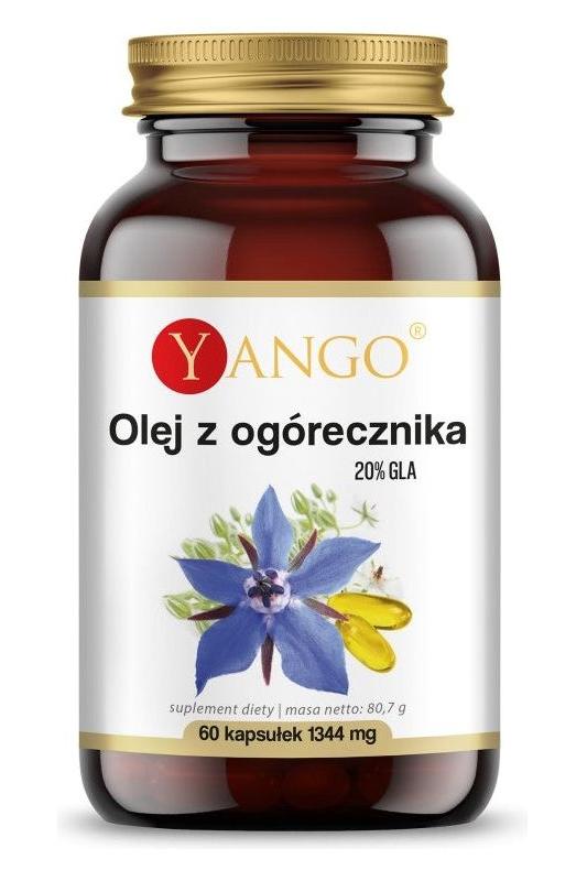 Yango Borage Oil supplement bottle with blue star-shaped flowers, containing 60 capsules rich in GLA.