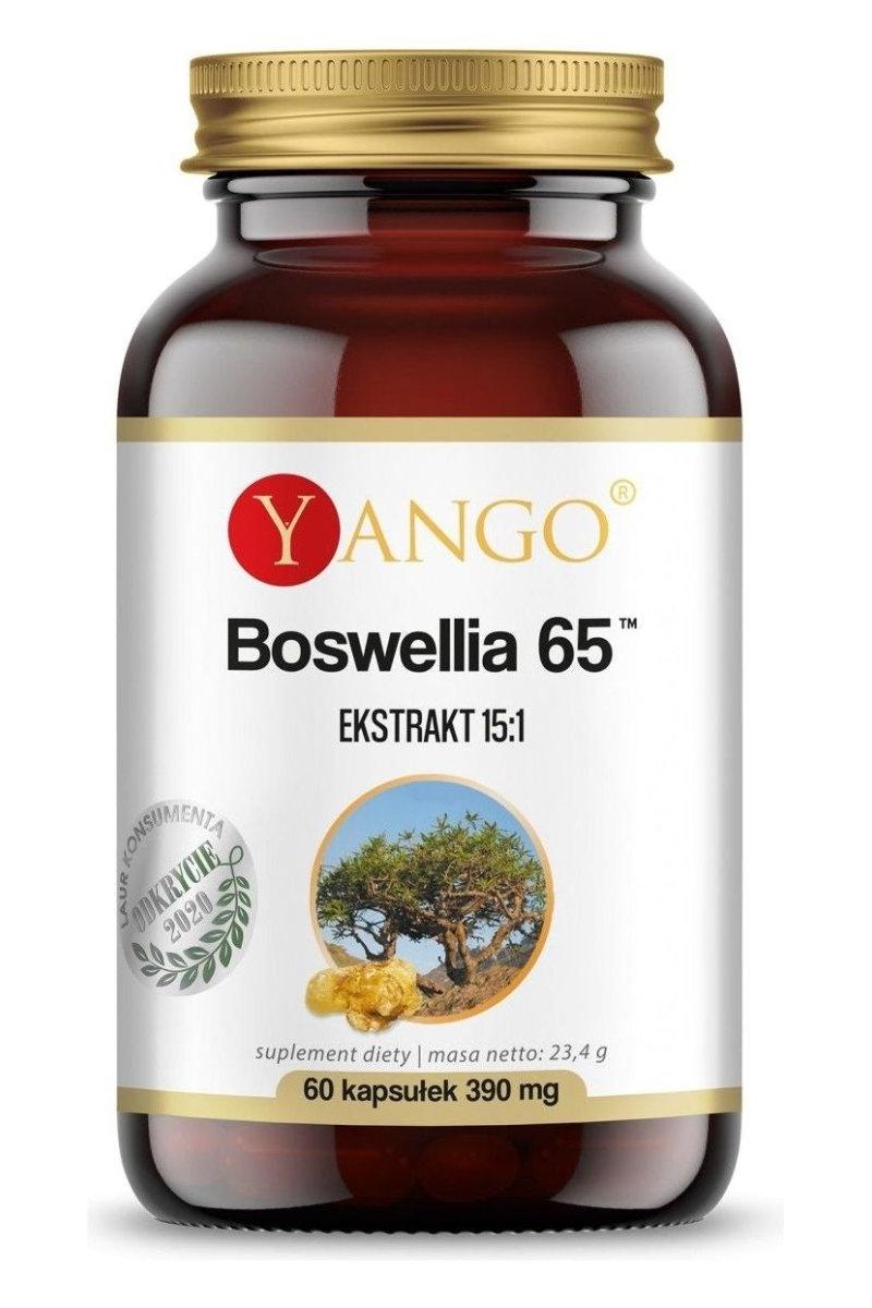 Yango Boswellia 65 dietary supplement bottle, 60 capsules, supports joint health and natural anti-inflammatory benefits.