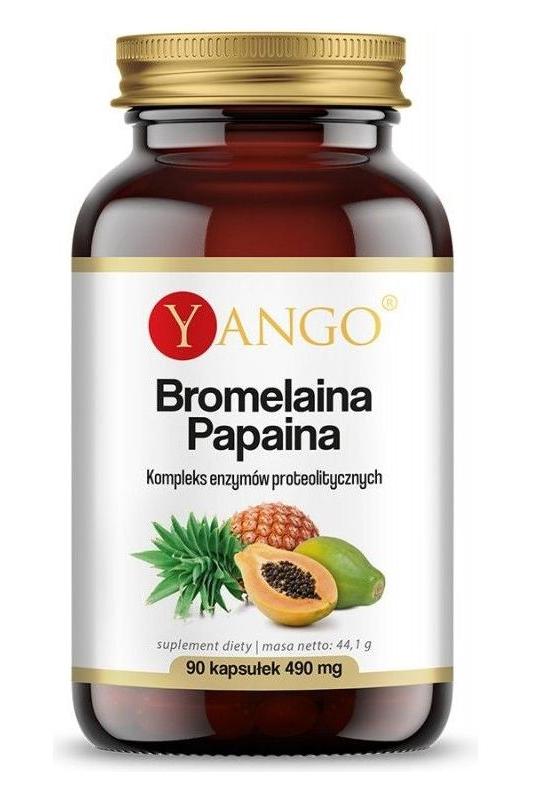 Yango Bromelain + Papain supplement bottle, 90 capsules for digestive support and nutrient absorption.
