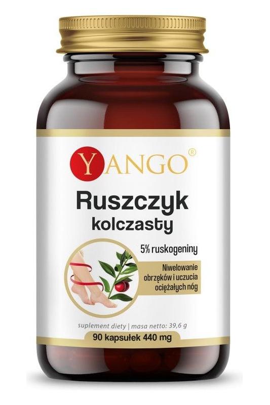 Yango Butcher's Broom Extract bottle with 90 capsules, supporting venous circulation and digestion.