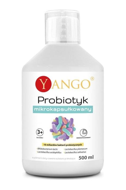 Yango Probiotyk product bottle featuring 10 billion probiotic bacteria for digestive health and immune support.