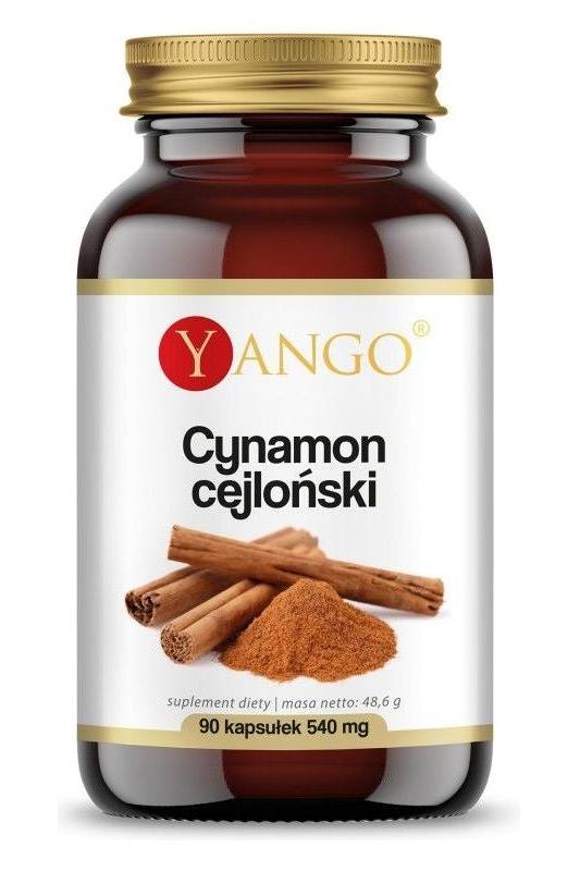 Yango Ceylon Cinnamon supplement in a 90-capsule bottle for blood sugar and digestive health.