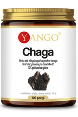 Yango Chaga Extract 50g jar with 10% polysaccharides for immune support and health benefits.