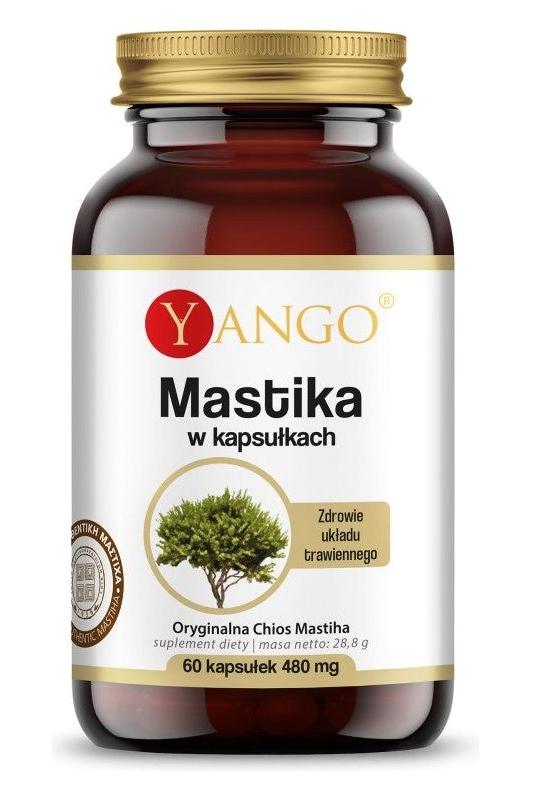 Yango Chios Mastiha capsules in a brown bottle for digestive health support, featuring 60 caps of natural mastika.