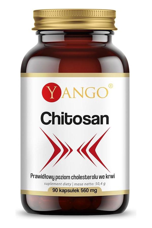 Yango Chitosan supplement bottle with 90 vegetarian capsules for natural cholesterol support.