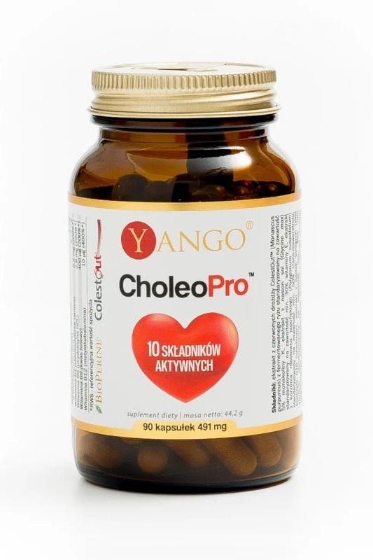 Yango CholeoPro supplement bottle with 90 capsules for cholesterol regulation and heart health support.