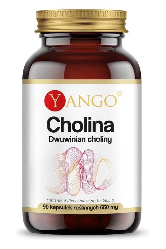 Yango Choline Bitartrate supplement bottle, 90 vegetable capsules for lipid metabolism and liver support.