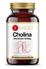 Yango Choline Bitartrate supplement bottle, 90 vegetable capsules for lipid metabolism and liver support.
