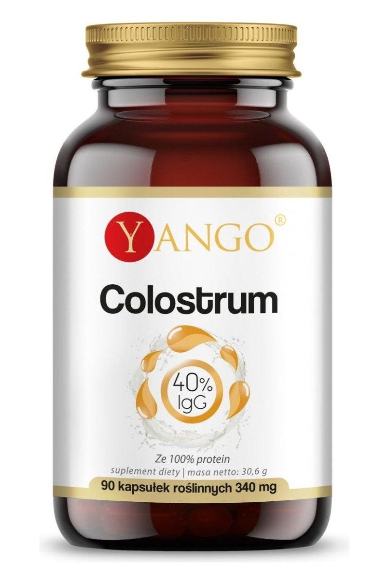 Yango Colostrum with 40% IgG in a brown bottle, 90 veggie capsules for immune support.