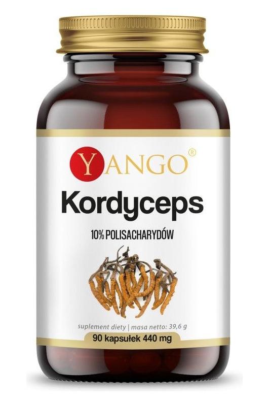 Yango Cordyceps supplement bottle containing 90 capsules of Cordyceps sinensis extract.