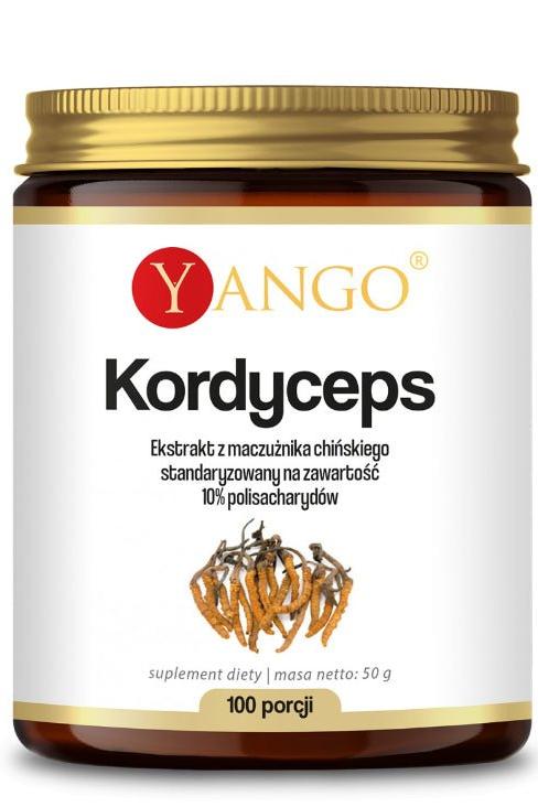 Yango Cordyceps extract jar, 50g, 10% polysaccharides, dietary supplement for energy and endurance.