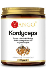 Yango Cordyceps extract jar, 50g, 10% polysaccharides, dietary supplement for energy and endurance.
