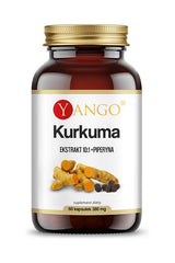Yango Kurkuma extract with piperine in 60 caps, featuring turmeric root and anti-inflammatory benefits.