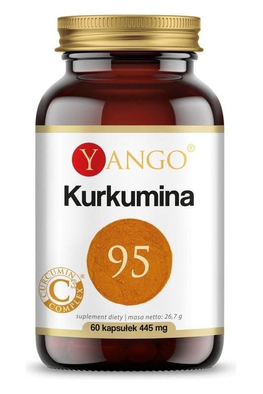 Yango Curcumin95 supplement bottle with 60 capsules showcasing natural curcumin and piperine for health benefits.