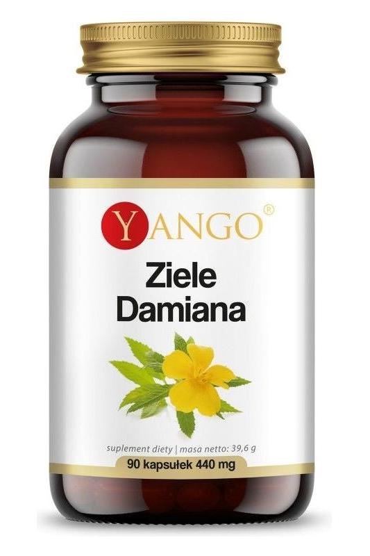Yango Damiana Herb supplement bottle with 90 capsules for sexual health and cognitive support.