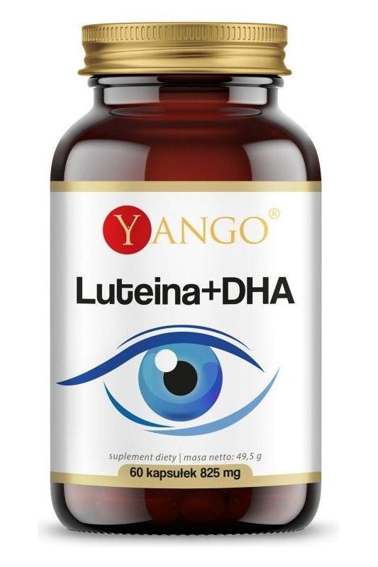 Yango Lutein + DHA supplement bottle, promoting eye and brain health, 60 capsules, 825 mg.