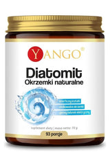 Yango Diatomit natural diatomaceous earth supplement in a 70g jar, featuring high silica content and health benefits.