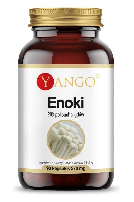 Yango Enoki supplement bottle with 20% polysaccharides, containing 90 vegetarian capsules for immune support.