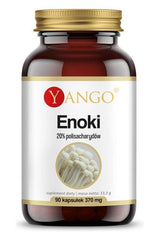 Yango Enoki supplement bottle with 20% polysaccharides, containing 90 vegetarian capsules for immune support.