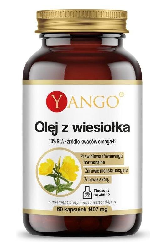 Yango Evening Primrose Oil bottle, 60 capsules, supports menstrual health and skin moisture with vitamin E.