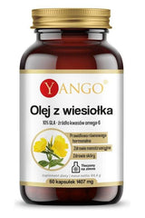 Yango Evening Primrose Oil bottle, 60 capsules, supports menstrual health and skin moisture with vitamin E.