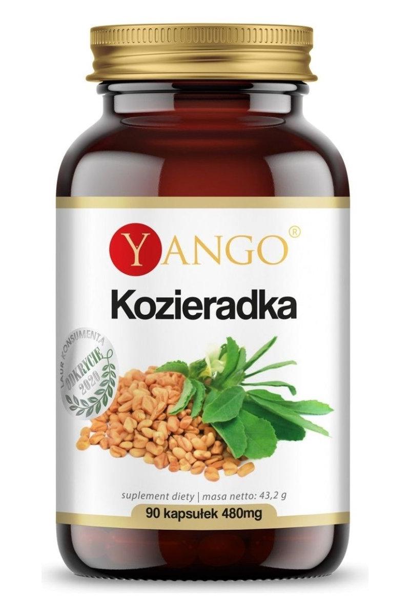 Yango Fenugreek supplement in a brown bottle, 90 capsules for supporting blood sugar levels and immune health.