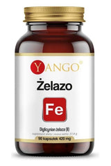 Yango Ferrous Bisglycinate supplement bottle, 90 capsules, high bioavailability iron for better absorption.