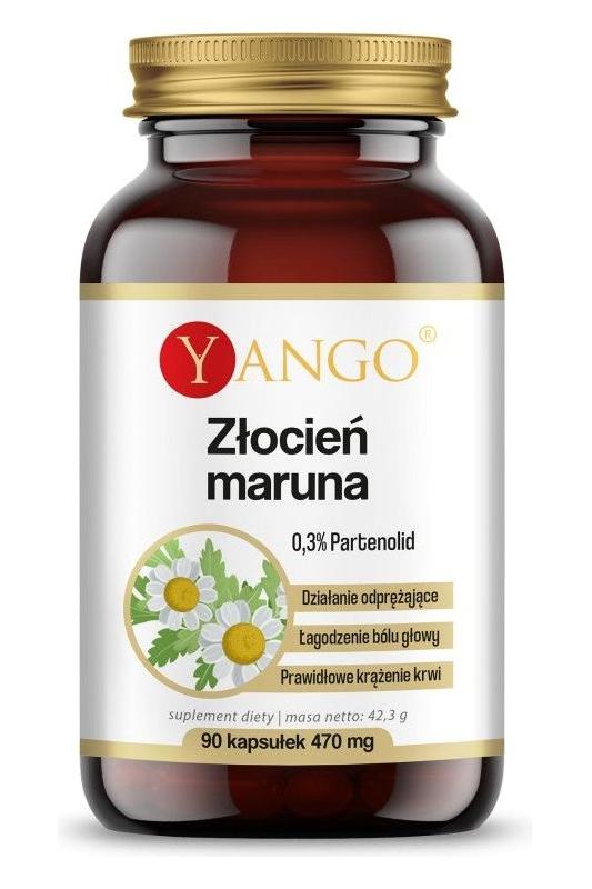 Yango Feverfew Extract supplement bottle, 90 vegetarian capsules for headache relief and vascular support.