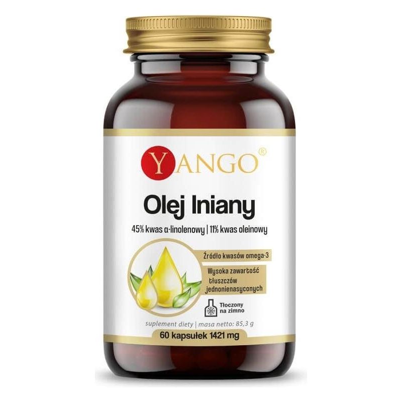 Yango Flaxseed Oil capsules in a jar, promoting heart health and high omega-3 content, 60 caps.