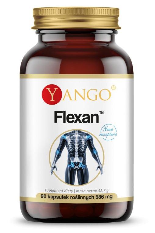 Yango Flexan™ supplement bottle with 90 capsules for joint, bone, and cartilage support.