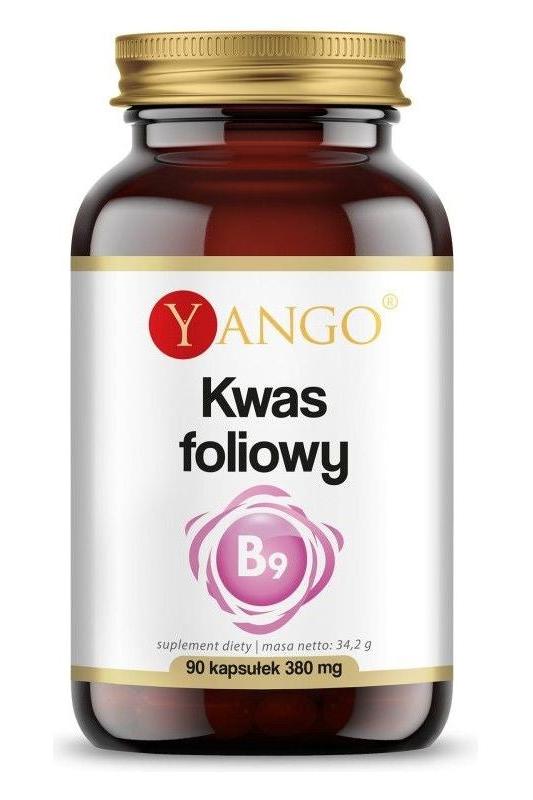 Yango Folic Acid Vitamin B9 supplement bottle with 90 capsules, supports DNA synthesis and cell growth.