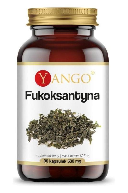 Yango Fucoxanthin supplement jar with vegetarian capsules, 90 count, promoting strong antioxidant benefits.