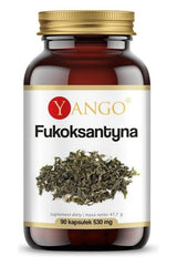 Yango Fucoxanthin supplement jar with vegetarian capsules, 90 count, promoting strong antioxidant benefits.