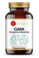 Yango GABA supplement bottle, 90 capsules of gamma-aminobutyric acid for relaxation and stress support.